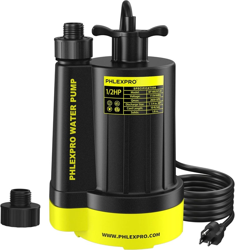 PHLEX PRO Sump Pump 1/2HP Submersible Water Pump, 2650GPH Utility Pump Thermoplastic Electric Portable Transfer Water Pump for Swimming Pool Garden Pond Basement with 16.4ft Long Power Cord - Image 1
